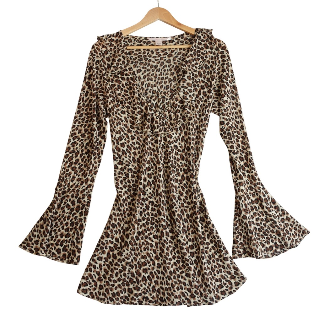 Y2K Victorias Secret Cheetah Print Slip Dress M Brown Tan Bell Sleeve Sheer Mini